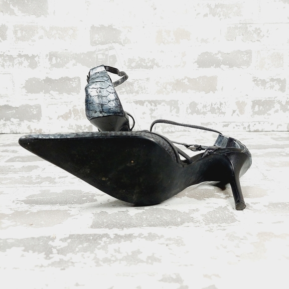 Jazz Metallic Black Blue Pointy Toe Ankle Strap Buckle Crocodile Skin Heels O623 - Picture 8 of 13